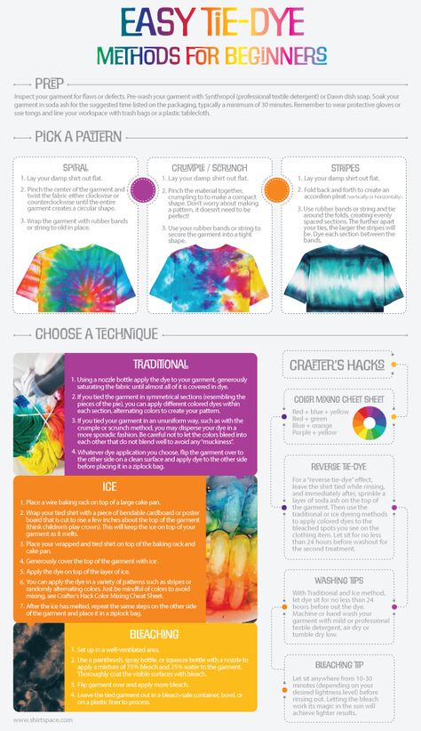 How to Tie Dye - Easy Folding & Dyeing Techniques for Beginners | ShirtSpace How To Mix Rit Dye For Tie Dye, Wet Vs Dry Tie Dye Technique, Beginner Tie Dye Patterns, How To Tie Dye A Shirt, Tie Dye For Beginners, Tie Dye Instructions Printable, Spray Tie Dye Techniques, Tie Dye Tips And Tricks, Tye Dye Folding Techniques Patterns