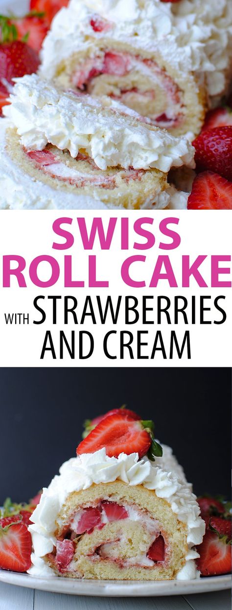 Swiss Roll Cake (also known as a jelly roll cake, cake roll, or roulade) made with strawberries and cream! It's like a strawberry shortcake in cake form. Great for summer parties or any festive occasion. Strawberry Swiss Roll, Jelly Roll Cake, Strawberry Roll Cake, Cake With Strawberries, Cake Form, Swiss Roll Cake, Short Cake, Cake Roll Recipes, Best Cake Recipes