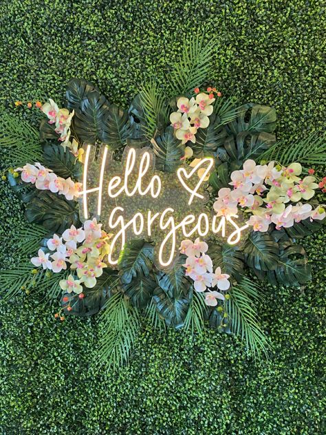 Grass Wall And Neon Sign, Fake Greenery Wall With Neon Sign, Fake Plant Wall With Neon Sign, Floral Neon Sign, Leaf Wall With Neon Sign, Green Lash Room Decor, Faux Grass Wall With Neon Sign, Grass Wall Salon, Flower Wall With Led Sign