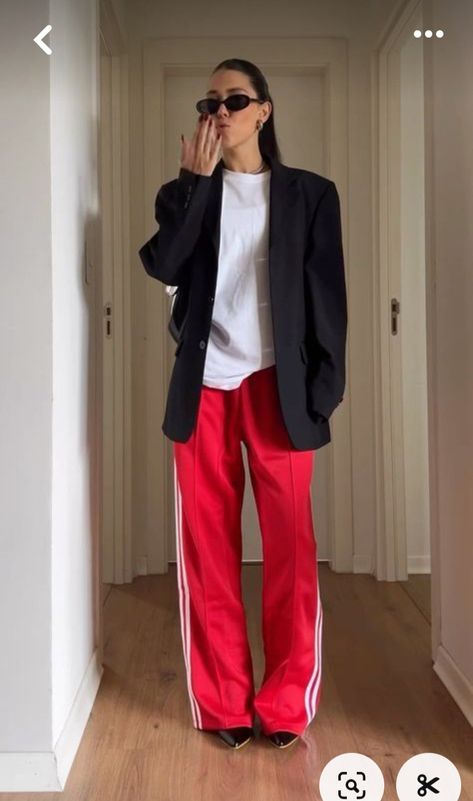 Blazer And Track Pants, Track Pants And Blazer Outfit, Adidas Red Track Pants Outfit, Red Linen Pants Outfit, Red Track Pants Outfit, Adidas Firebird Pants Outfit, Adibreak Pants Outfit, Red Adidas Pants Outfit, Adidas Track Pants Outfit