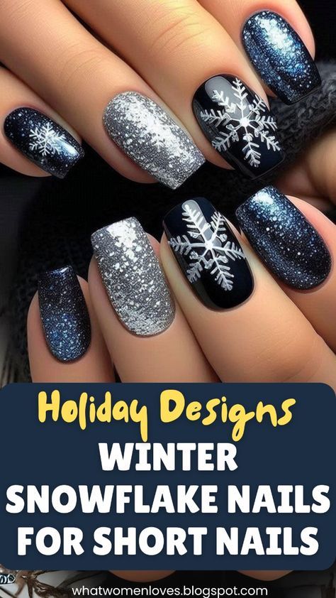 Pink And Blue Snowflake Nails, Short Nail Designs Winter Holidays, Square Christmas Nail Designs, Navy Blue Nails With Snowflakes, Dark Snowflake Nails, Blue And Silver Snowflake Nails, Light Blue Gold Nails, Christmas Nails Short Snowflake, Square Snowflake Nails