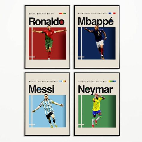 Ronaldo Mbappé Messi Neymar Digital Poster, Helvetica, Mid-century Modern, Office Wall Art, World Cup Minimalist, Soccer Poster Design - Etsy Neymar Poster, Soccer Themed Bedroom, Soccer Bedroom, Soccer Room, Football Rooms, Ideas Cuarto, Football Bedroom, Ideas Habitaciones, Soccer Wall Art