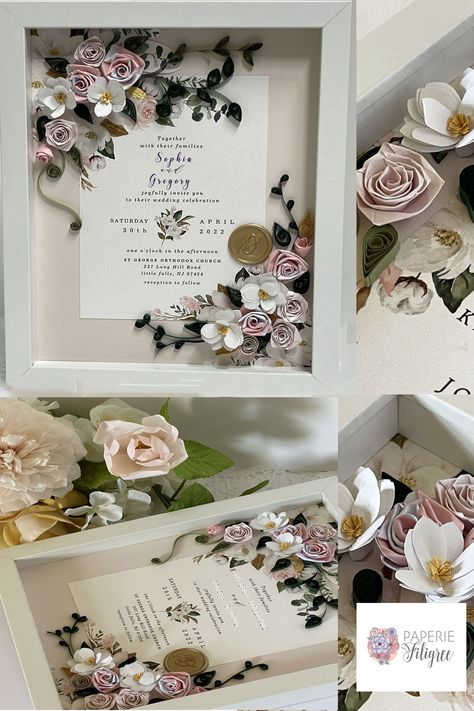 Photo shows various angles of a white wedding shadow box displaying a wedding invitation that has been embellished with pink and white flowers as well as greenery. Framed Wedding Invitation, Bouquet Shadow Box, Wedding Invitation Keepsake, Shadow Box Memory, Wedding Shadow Box, Invitation Frames, Wedding Gift For Couple, Blush Wedding Invitations, Garden Wedding Invitations