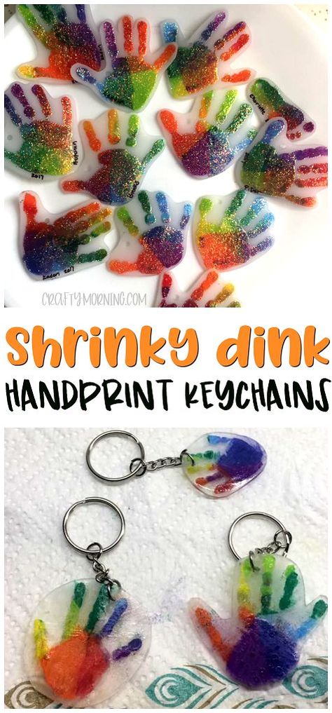 Shrinky dink handprint keychains...perfect mothers day craft/gift idea to give! Use shrink plastic and ink! Love the sparkles. Great for grandparents too. #shrinkydink #shrinkydinkcrafts #diykeychains #handprintcrafts #kidcrafts #diycrafts #funcrafts #craftymorning Shrinky Dink Keychain, Mothers Day Craft, Shrinky Dink Crafts, Grandparents Day Crafts, Shrinky Dink, Mothers Day Crafts For Kids, Daycare Crafts, Shrink Plastic, Fathers Day Crafts