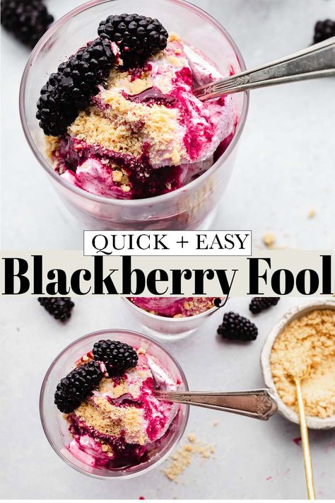 Blackberry Fool Recipe | Platings + Pairings Blackberry Fool, Fool Recipe, Fruit Fool, Summer Barbeque, British Desserts, Buttery Shortbread Cookies, Buttery Shortbread, Dessert Glasses, Refreshing Desserts