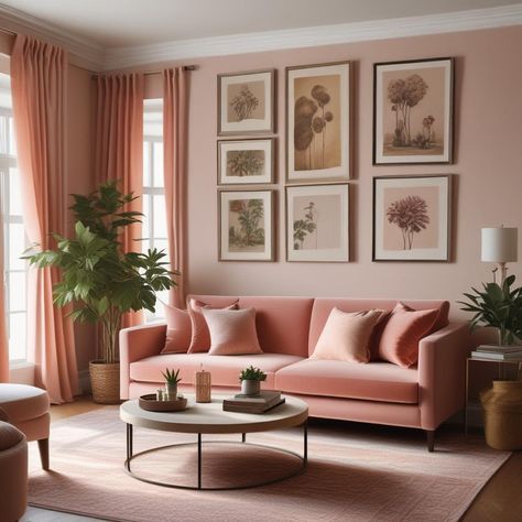 🌿🏡 Cozy living space with soft salmon pink couch 🛋, botanical art 🖼, light curtains, green plants 🌱, round table with books 📚 & decor, all basked in soothing natural light 💡. Perfect for a chill vibe! 🧘‍♀️✨
#odastudioAI #odaAIstudio #odastudio

#livingroomdesign
#homedecor
#interiordesign
#cozylivingroom
#modernliving
#livingroomstyle
#homedecoration
#livingroomfurniture
#colorfullivingroom
#livingroomdetails Sofa Rosa, Cozy Living Room Inspiration, Curtains Green, Light Curtains, Pink Couch, Books Decor, Cozy Living Spaces, Colourful Living Room, Art Light