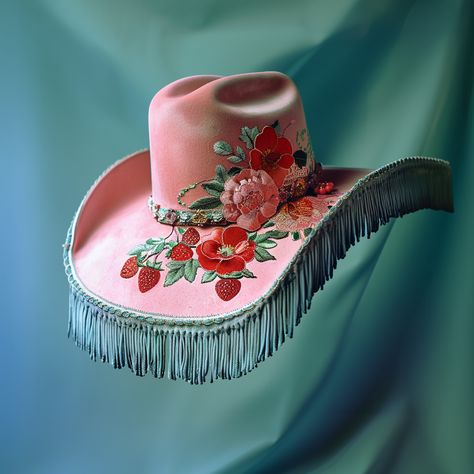 Cowboy Hat STRAWBERRIES Cowboy Hats Reference, Colorful Cowboy Outfit, Girly Cowboy Hat, Tropical Cowboy, Christmas Cowboy Hat, Cowboy Hat Design, Custom Cowboy Hats, Cowboy Shirt, Flower Hat