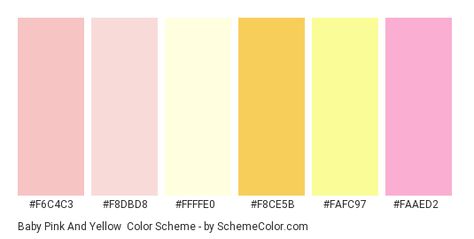 Baby Pink and Yellow - Color scheme palette thumbnail - #f6c4c3 #f8dbd8 #ffffe0 #f8ce5b #fafc97 #faaed2 Yellow And Pink Color Scheme, Yellow Pink Color Scheme, Color Scheme With Yellow, Pink And Yellow Colour Palette, Pastel Yellow Color Combination, Light Yellow Color Scheme, Baby Pink Palette, Yellow Pink Outfit, Yellow Pastel