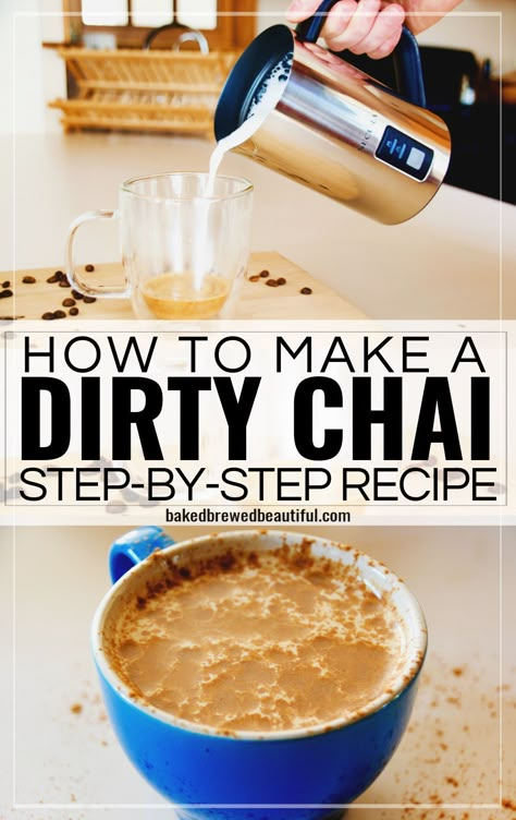 Dirty Chai Latte Starbucks, Chai Coffee Recipe, Dirty Chai Latte Recipe, Coffee Diy Recipes, Easy Iced Coffee Recipe, Seasonal Coffee Drinks, Homemade Iced Coffee Recipe, Chai Latte Starbucks, Dirty Chai Latte