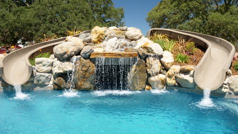 Pool Kings: Dueling Water Slides 1 Travertine Patio, Dreamy Backyard, Pool Kings, Luxurious Backyard, Dream Backyard Pool, Freeform Pools, Pools Backyard Inground, Infinity Edge Pool, Inground Pool