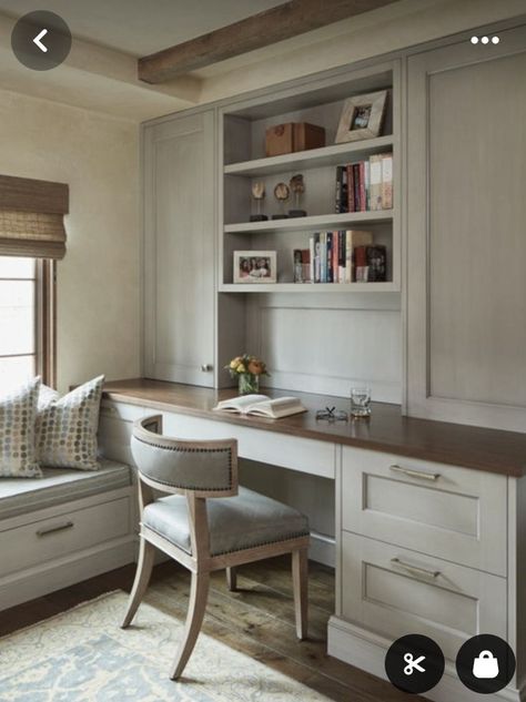 Home Office Snug Ideas, Built In Desk And Shelves Bedroom, Old Money Home Office, Built In Desk In Bedroom, Narrow Home Office, Built Ins With Desk, Built In Corner Desk, Magnolia Office, Front Room Office