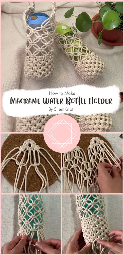 In this tutorial, SilentKnot will teach you how to make a macrame water bottle holder with added base protection. This project is really easy to do. So, let’s make a macrame water bottle holder with added base protection! Macrame Useful Things, Macrame Holder Diy, Crocheted Bottle Holders, Macrame Holder, Diy Water Bottle Holder, Knitted Water Bottle Holder, Macrame Water Bottle, Crochet Water Bottle Holder Pattern Free, Macrame Wine Bottle Holder