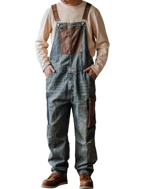 PRICES MAY VARY. Material: Men's denim bib overalls made of durable material, midweight, ripstop, soft denim provides you maximum comfort Stylish: Ripped distressed style jumpsuit with adjustable suspenders, low back, loose fit style, contrast color, makes these denim coveralls feel fresh and attractive Multi Pockets: Fashion work overall button fly with zipper closure, 2 side pockets and 1 back pockets, 1 oversized cargo pockets, 1 big bib pockets with zipper for convenient storage All Matching Overalls With Sweater, Overalls Outfit Men, Overalls Men Fashion, Denim Suspenders, Sewing Men, Denim Coverall, Overalls Vintage, Men's Uniforms, Overalls Men