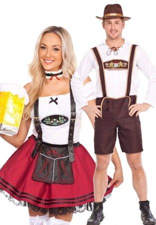 Couples Red Lederhosen oktoberfest Outfit Costume Tavern Bartender, Couple Christmas Pajamas, Waitress Outfit, Oktoberfest Outfits, Halloween Parejas, Oktoberfest Costume, Fancy Dresses Party, Beer Outfit, Couples Outfit