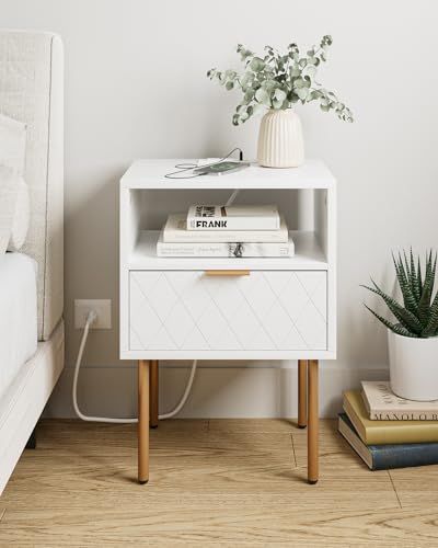 Aobafuir Nightstand with Charging Station, Drawer Dresser for Bedroom, Small Side Table with Drawer, Night Stand, End Table with Gold Frame for Bedroom, Living Room, Diamond White Diy Nightstands, Aesthetic Nightstand, Nightstand Drawer, Nightstand Ideas, Nightstand Styling, Side Tables For Bedroom, Bedside Furniture, Gold Side Table, Nightstand With Charging Station