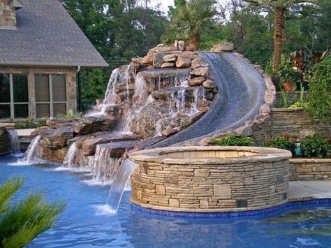 inground pool slides - Google Search Kolam Air, Taman Air, Retreat Ideas, Backyard Remodel, Dream Pools, Pool Time, Dream Backyard, Water Feature, Pool Hot Tub