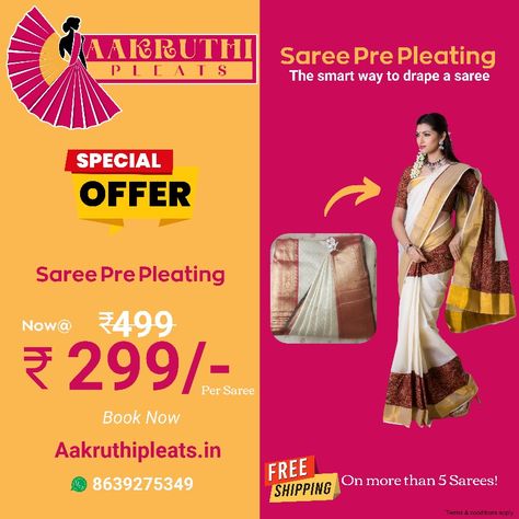 Saree pre-pleating and draping services Saree Pre Pleating And Folding, Saree Pre Pleating, Beauty Salon Posters, Pleated Saree, Saree Sale, Saree Draping, Beauty Parlor, Advertising Poster, Saree Blouse Designs