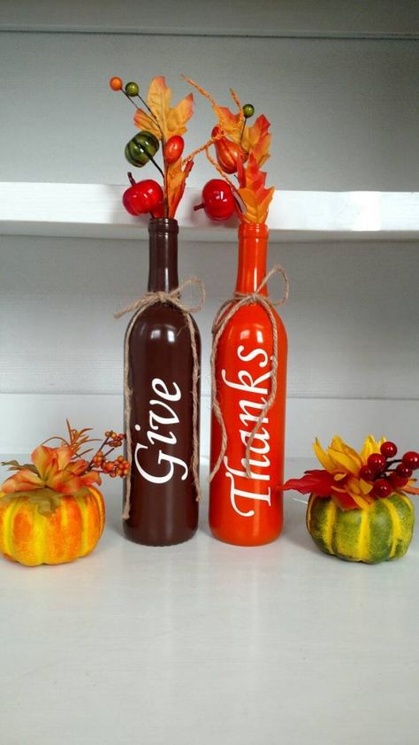 decorated wine bottles | 16 Charming Handmade Thanksgiving Centerpiece Ideas That Will Attract ... Thanksgiving Centerpiece Ideas, Decorated Wine Bottles, Fall Wine Bottles, Recycled Wine Bottles, Autumn Wine, Wine Craft, Bottle Decor, Wine Bottle Art, Wine Bottle Diy Crafts