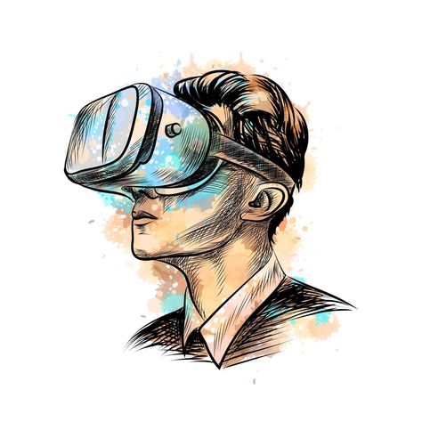 Man wearing virtual reality headset from a splash of watercolor, hand drawn sketch. Vector illustration of paints Reality Drawing, Virtual Reality Headset, Virtual Reality, Headset, Hand Drawn, Sketch