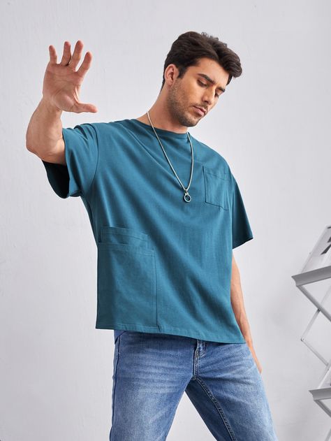 Teal Blue Casual  Short Sleeve Cotton Plain  Embellished Slight Stretch Summer Men Tops Drop Shoulder Tee Men, Blue Tee Outfit Men, Blue Tee Outfit, Turquoise Tshirt, Teal Shirt, Drop Shoulder Tee, Theatre Design, Blue Tee, Men Tops