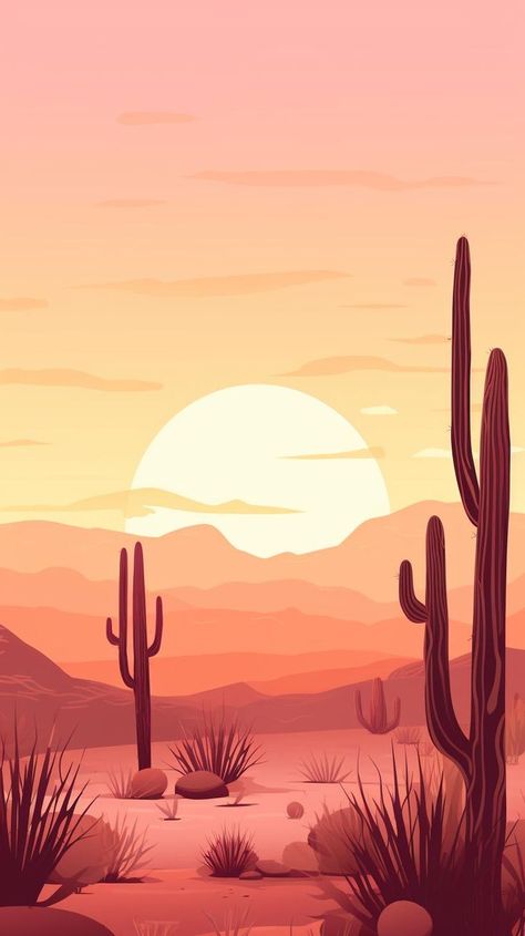 Experience the serene beauty of a Desert Dawn with striking Cacti silhouettes against a pastel morning sky. Discover the tranquility of the desert landscape in this picturesque scene. #Desert #Dawn #Cacti #Silhouettes #Pastel #Morning #NaturePhotography #ScenicViews #TravelInspiration Boho Desert Painting, Simple Landscape Background, Desert Landscape Illustration, Desert Silhouette, Villa Patio, Macbook Aesthetic, Cactus Silhouette, Desert Background, Sunset Gradient