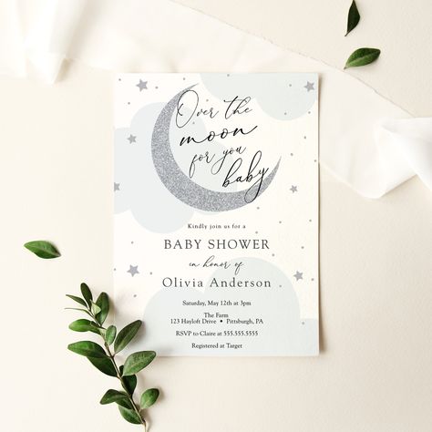 Baby Party Invitations, Moon Baby Shower Invitation, Moon Printable, We Are Over The Moon, Moon Baby Shower, Moon Baby, Star Silver, Over The, Digital Templates