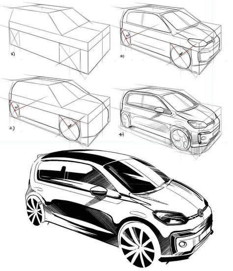 Sketches Industrial Design, Car Drawing Sketches, Beetle Drawing, Learning Drawing, Draw A Car, Sketch Tutorial, Vw Up, Drawing Machine, Car Drawing