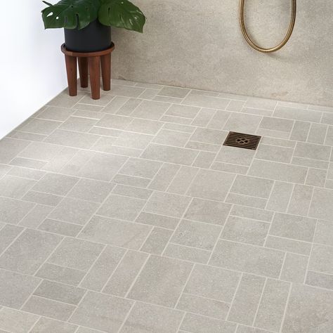 Sample-Acadia French Pattern Linen Beige Matte Porcelain Mosaic Tile Limestone Shower Floor, Classic Bathroom Floor Tile, Limestone Bathroom Floor, French Limestone Floor, French Tile, Small Ensuite, Patterned Bathroom Tiles, Porcelain Tile Bathroom, Mosaic Bathroom Tile