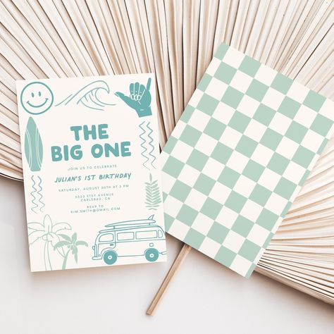 The Big One Birthday Invitation Template, Surf, Wave, Beach Birthday Invite, Summer, Surfboard Birthday Invite, 1st Birthday, First 5818 - Etsy The Big One Invitation Template, Toddler Beach Birthday Party, Summer First Birthday Party Boy, Beach Themed First Birthday, Summer First Birthday Theme, Summer 1st Birthday Party Ideas, Pool Party 1st Birthday, Ocean First Birthday, Beach First Birthday