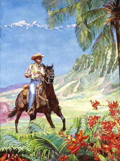 Limited Edition Lithograph - Hawaiian Cowboy - "Paniolo" - Janet Stewart Hawaiian Cowboy, Ori Tahiti, Hawaiian Artists, Hawaiian History, Beachy Stuff, Hawaii Vintage, Sidewalk Sign, Polynesian Art, Hawaii Art