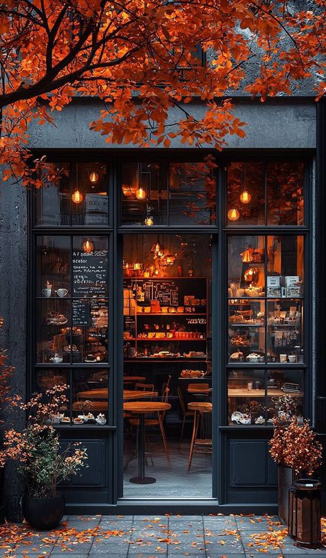 City Cafe Exterior, Autumn Restaurant Decor, Moody Bookstore Aesthetic, Autumn Cafe Coffee Shop, Late Night Cafe Aesthetic, Fall Cafe Aesthetic, Cozy Bar Aesthetic, Exterior Coffee Shop, Cozy Bakery Aesthetic