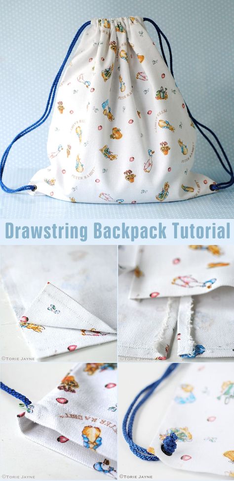 Drawstring Backpack Free Tutorial Drawstring Bag Tutorials Backpacks, Diy Drawstring Backpack, Drawstring Backpack Tutorial, Drawstring Backpack Pattern, Drawstring Bag Tutorials, Backpack Sewing, Drawstring Bag Pattern, Birthday Surprises, Kids Drawstring