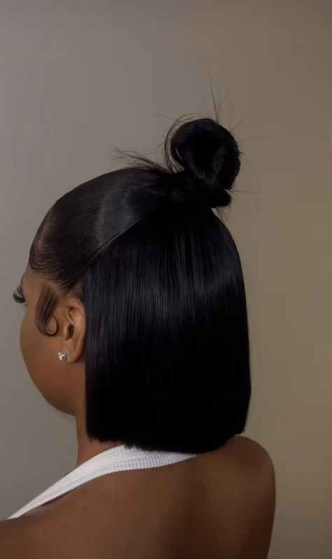 Relaxed Hair Bob Black Women, Messy Bun On Short Hair, Short Bob Ponytail, Bob Half Up Half Down, Short Bob Weave, Bob Install, Easy Hairstyles Black Women, Short Hair Top Knot, Bun With Bangs