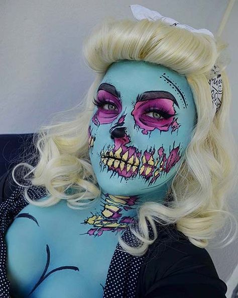 41 Unique Halloween Makeup Ideas from Instagram | StayGlam Pop Art Costume, Unique Halloween Makeup, Pop Art Zombie, Zombie Pin Up, Halloween Make-up Looks, Make Up Designs, Pop Art Makeup, Sugar Skull Halloween, Halloween Makeup Ideas