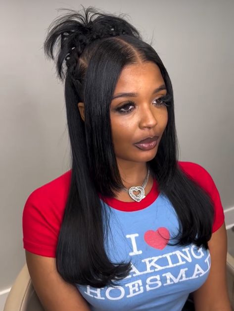 9s Hairstyle, 90s Bangs Hairstyles Black Women, Hairstyles With Flipped Out Ends, Birthday Hairstyles For Black Women Updo, 90s Hairstyles For Black Women Wig, Skunk Stripe Bob, 18inch Wig, Lace Front 90s Hairstyles, Half Up Half Down With Bangs Frontal