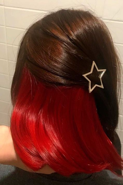 Red Hair Color Peekaboo, Red Pick A Boo Hair, Under Dyed Hair Red And Brown, Half Hair Dyed Underneath Red, Under Hair Dye Red And Brown, Red Peekaboo Brown Hair, Peekaboo Hair Color Red And Brown, Half Red Half Dark Brown Hair, Half Brown Half Red Hair Underneath