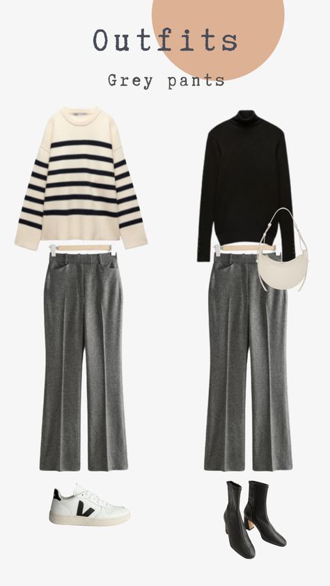 Gray Work Outfits Women, Gray Square Pants Outfit, Grey Wide Leg Pants Outfits Casual, Wide Grey Trousers Outfit, Grey Smart Trousers Outfit, Grey And Beige Outfits For Women, Ootd Dark Grey, Outfits With Grey Trousers, Wide Leg Grey Trousers Outfit