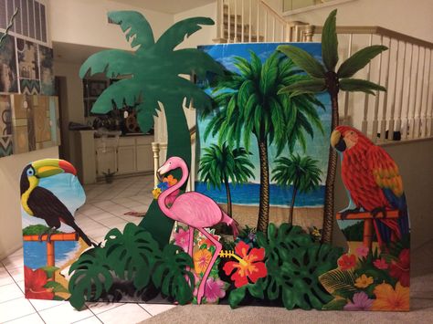 Magalie Sarnataro's props  Tropical background  Dollar store tikis And foam board cutouts Tropical Photobooth Ideas, Tropical Selfie Wall, Tropical Homecoming Theme, Hawaiian Theme Decor, Tropical Paradise Theme, Hawaii Decorations, Hawaii Birthday Party, Bird Paper Craft, Moana Theme Birthday