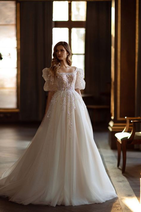 A Line Wedding Dress For Plus Size, Wedding Gown For Mid Size, Simple Small Wedding Dress, Princes Disney Wedding Dress, A Line White Wedding Dress, Wedding Satin Gown, Ball Gown Wedding Dress With Puffy Sleeves, Ballgown Square Neckline Wedding Dress, Wedding Dress Feminine