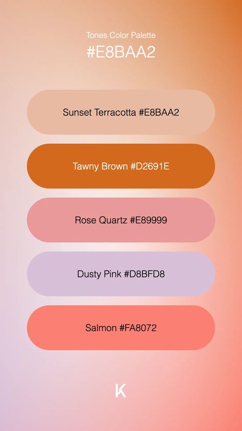 Tones Color Palette Sunset Terracotta #E8BAA2 · Tawny Brown #D2691E · Rose Quartz #E89999 · Dusty Pink #D8BFD8 · Salmon #FA8072 Tawny Brown, Colour Pallets, Hex Color Palette, Digital Planning, Hex Colors, Color Pallets, Unique Colors, Dusty Pink, Rose Quartz