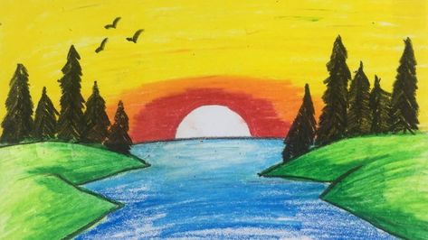 scenery drawing Morning Scenery Drawing, Colourful Scenery Drawing, Sunrise Scenery Drawing, Scenery With Colour Pencils, Senary Drawing Kids, Sunset Scenery Drawing, Morning Scenery, Rainbow Scenery Drawing For Kids, Sunset Drawing