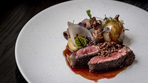 Wagyu Beef with Onions and Ox Tongue Recipe - Great British Chefs Ox Tongue Recipe, Ox Cheek Recipes, Balsamic Caviar, Beef With Onions, Ox Tongue, Sirloin Recipes, Beef Sauce, Beef Tongue, Great British Chefs