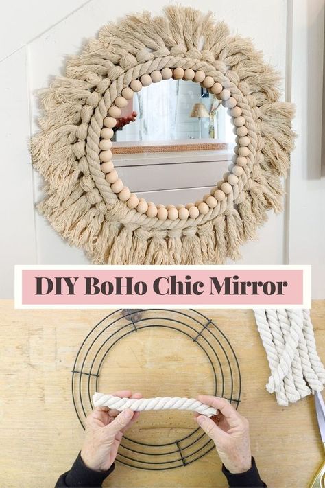 Macrame Round Mirror Diy, Boho Chic Mirror, Boho Diy Bedroom Decor, Diy Boho Beach Decor, Diy Macrame Mirror Wall Hanging, Diy Auction Items Crafts, Boho Beach Design, Beginning Macrame Projects, Boho Crafts To Sell