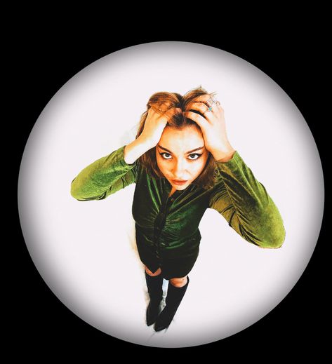 a girl runs her fingers through her hair as she looks up into the camera through a fish eye lens, she wears a green dress and kneed high dark boots Fish Eye Lense Photoshoot, Fishbowl Perspective, Fish Eye Photoshoot, Fisheye Perspective Drawing, Perspective Poses Reference Photo, Perspective Poses Reference, Fisheye Photoshoot, Pose Yearbook, Fisheye Portrait