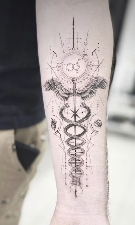 Medic Symbol, Symbol Tattoo Ideas, Flash Tattoo Sleeve, Scientific Tattoo, Psychology Tattoo, Caduceus Tattoo, Pmu Lips, Anatomical Tattoos, Ems Tattoos