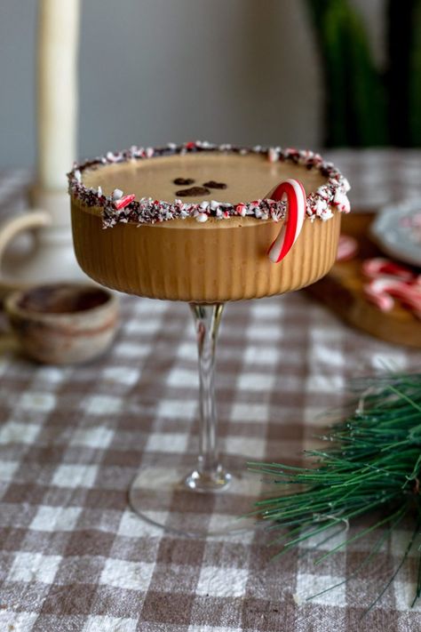 Peppermint Mocha Espresso Martinis Peppermint Espresso Martini, Peppermint Cocktail, Peppermint Mocha Creamer, Mocha Creamer, Bartender Recipes, Crushed Candy Cane, Peppermint Martini, Espresso Martini Recipe, Espresso Martinis