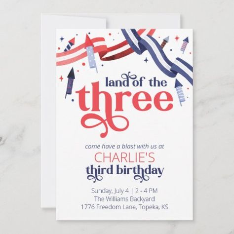 Land of the Three American Birthday Party Independence Party - fourth of july, independence day, fireworks, watercolor 4th of july invite, july 4th invite, land of the three, land of the 3, america birthday invitation, july 4th birthday, 4th of july birthday Red White And Three Birthday, July Birthday Party Ideas Kids, 4th Of July 3rd Birthday Party, Land Of The Three Birthday Party, Fourth Of July First Birthday Girl, Fireworks Watercolor, Fourth Of July Birthday Party, American Birthday Party, July Baby Birthday