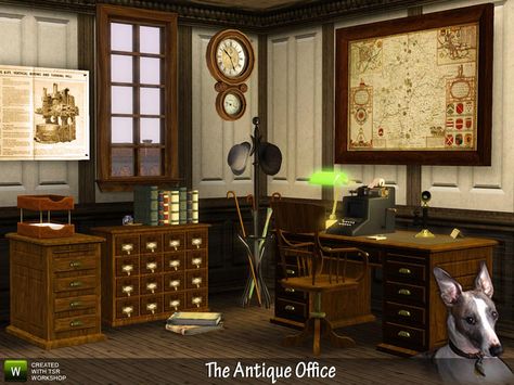 The Antique Office, circa 1900! Contains a working adding machine (computer), working candlestick phone and plenty of furnishings and decor to add at least 100 years to your Sims' home!... 1920s Furniture, Candlestick Phone, Antique Office, Small Office Design Interior, Adding Machine, Sims Medieval, Retro Interior Design, Sims Building, Sims House Design