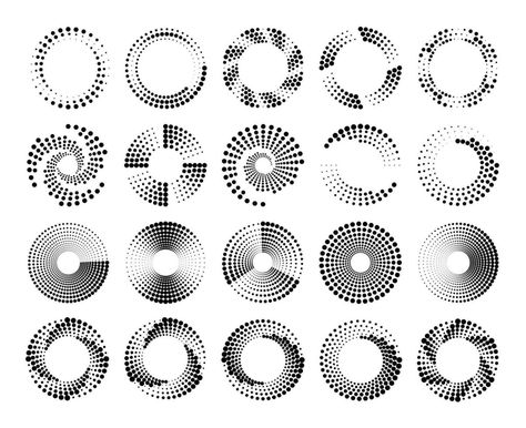 Circle dotted speed lines. Circles with dat pattern, circular spiral halftone. Concentric speed motion shape for logo, radial dynamic swirl vector set Spiral Dot Pattern, Shape For Logo, Concentric Circles Art, Circle Pattern Graphic, Circular Composition, Swirl Logo, Speed Lines, Circle Pattern Design, Circle Circle