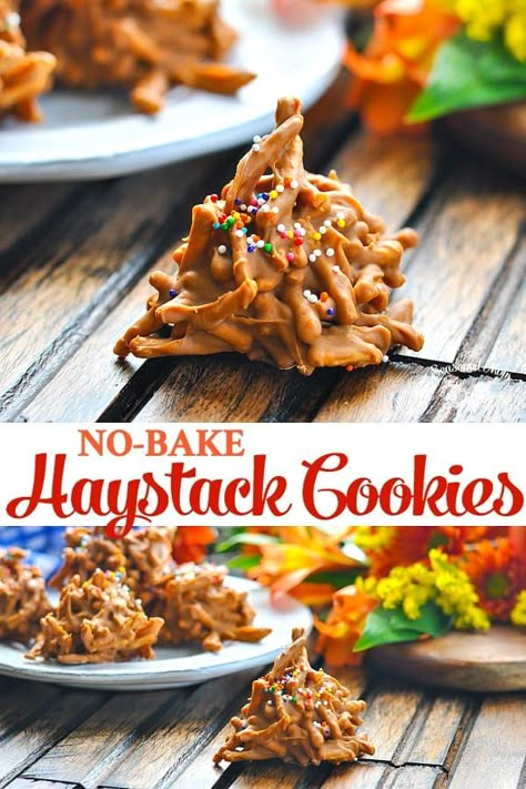 These Haystack Cookies are made with butterscotch, peanut butter, chocolate and chow mein noodles for an easy no-bake treat that's ready in minutes! No Bake Cookies #cookies #nobake #TheSeasonedMom #butterscotch Butterscotch Peanut Butter, Cowboy Recipes, Butterscotch Desserts, Cookies With Peanut Butter, Haystacks Recipe, Haystack Cookies, Theme Snack, Low Carb Protein Bars, Homemade Truffles